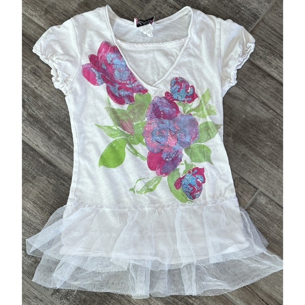 L.A.‎ Conduct Girls Floral Tulle Top Ruffle Sleeve White Summer Shirt Size 6/7